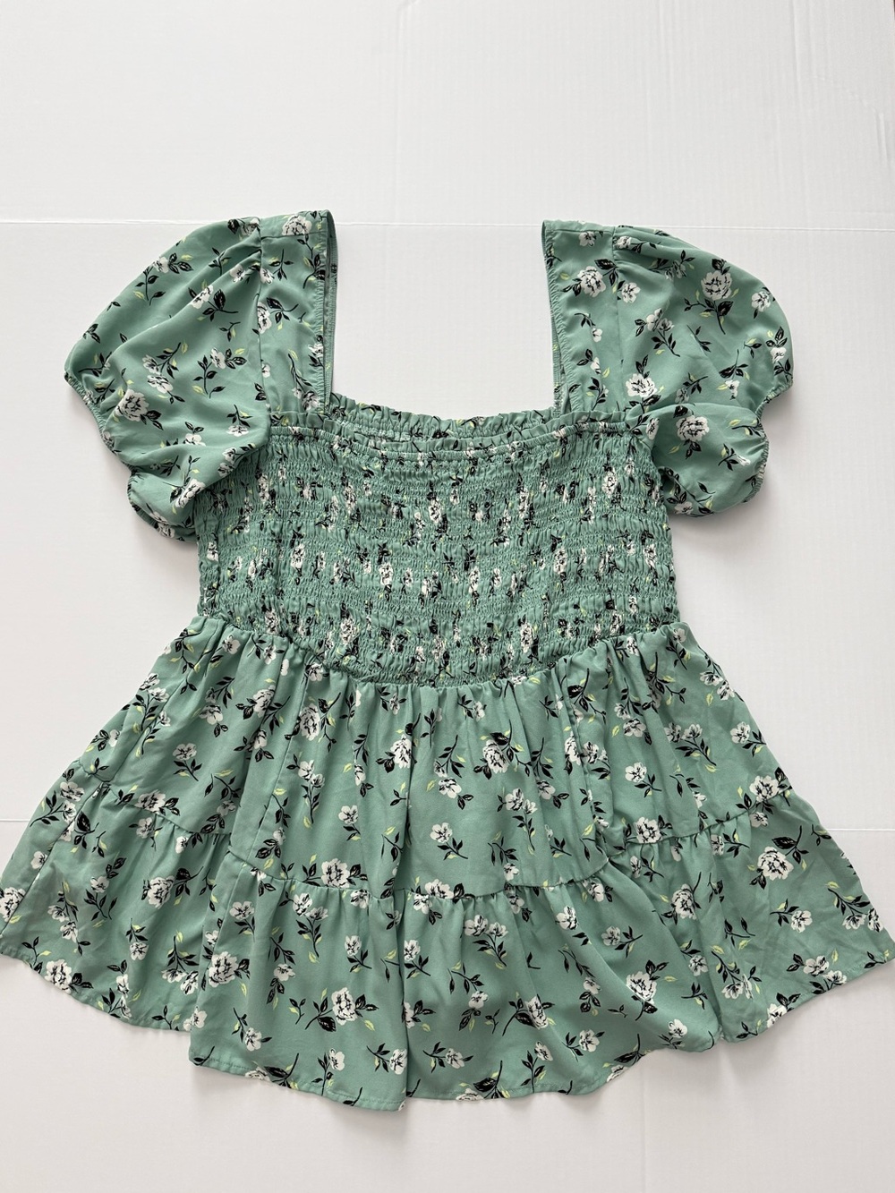 Sage Green Floral Smocked Square Neck Puff Sleeve Babydoll Top 3X or 3